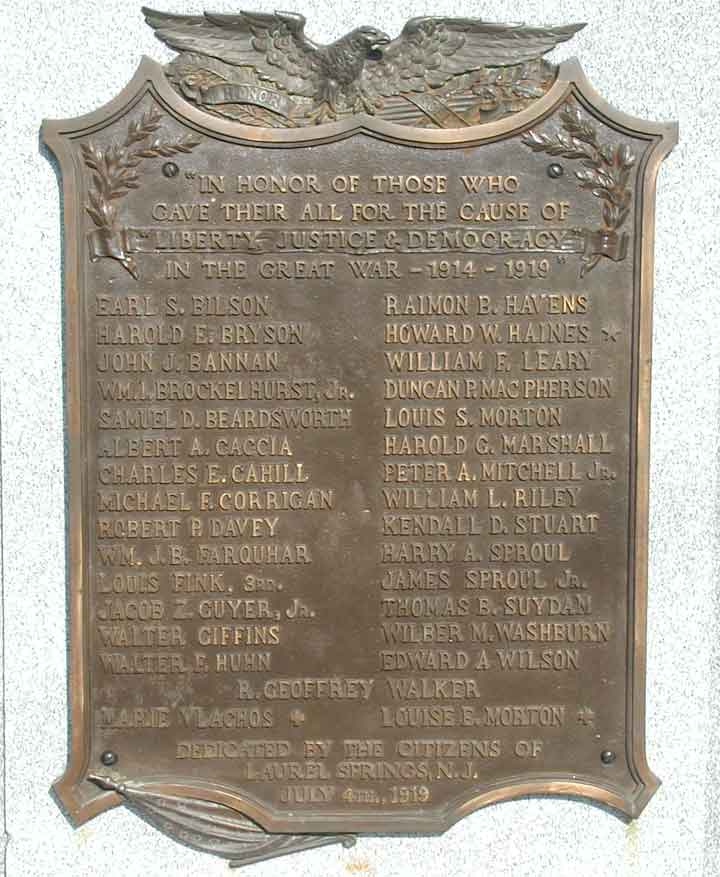 Laurel Springs War Memorial — World War I panel