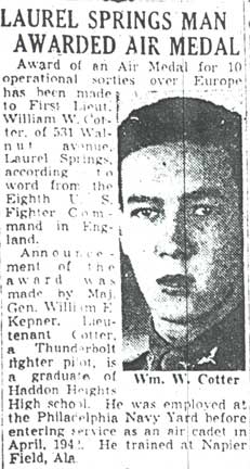 Newspaper clipping: Laurel Springs Man Awarded Air Medal, Camden Courier-Post, January 4, 1944