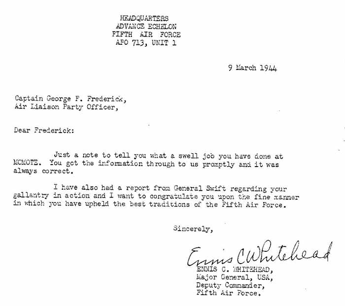 Letter from Major General Whitehead to Captain Frederick, March 9, 1944