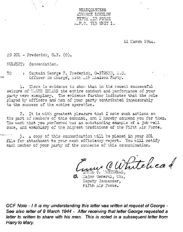 Letter from Major General Whitehead to Captain Frederick, March 11, 1944