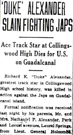 'Duke' Alexander Slain Fighting Japs, Camden Courier-Post, October 17, 1942, part 1