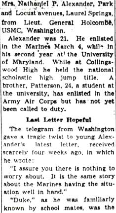 'Duke' Alexander Slain Fighting Japs, Camden Courier-Post, October 17, 1942, part 2