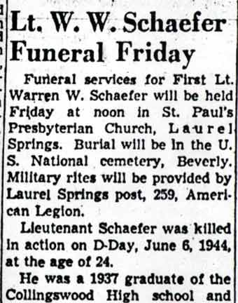 Newspaper clipping: Lt. W. W. Schaefer Funeral Friday, Camden Courier-Post, July 14, 1948 (page 1)