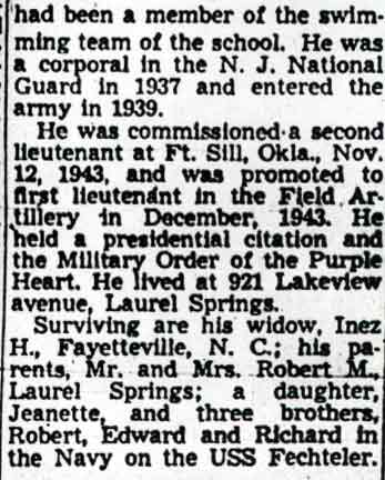 Newspaper clipping: Lt. W. W. Schaefer Funeral Friday, Camden Courier-Post, July 14, 1948 (page 2)