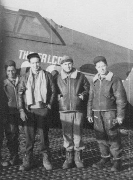 The Falcon and her crew at Martlesham Heath: Staff Sgt. Francis H. McGillvray, Lt. William W. Cotter, Cpl. Herman S. Spencer, Staff Sgt. Robert M. Conrad