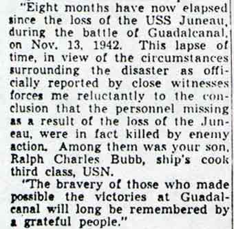 Letter from Secretary of the Navy Frank Knox confirming Ralph C. Bubb's death