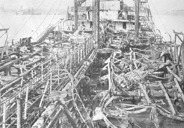 Fire damage on the deck of the SS J.H. Senior following the 1943 collision and fire
