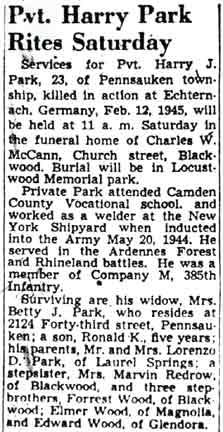 Pvt. Harry Park Rites Saturday, Camden Courier-Post, March 1945