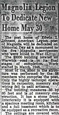 Camden Courier-Post, May 26, 1950 — Magnolia Legion To Dedicate New Home May 30, page 1