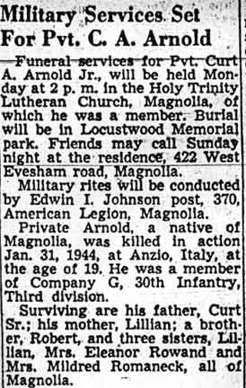 Newspaper clipping: Military Services Set For Pvt. C. A. Arnold, Camden Courier-Post, July 23, 1948