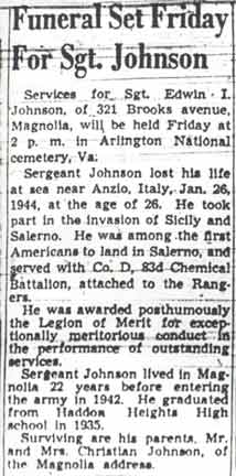 Newspaper clipping: Funeral Set Friday For Sgt. Johnson, Camden Courier-Post, March 29, 1949