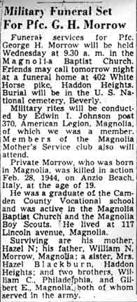 Newspaper clipping: Military Funeral Set For Pfc. G. H. Morrow, Camden Courier-Post, August 2, 1948