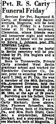 Newspaper clipping: Pvt. R. S. Carty Funeral Friday, Camden Courier-Post, May 4, 1948