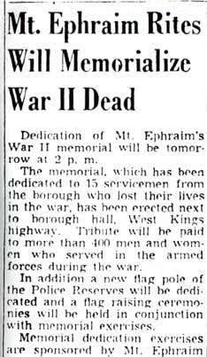 Camden Courier-Post, October 4, 1947 — Mt. Ephraim Rites Will Memorialize War II Dead, page 1
