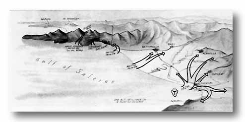 Soldiers land at Salerno while enemy artillery and machine guns defend the beach