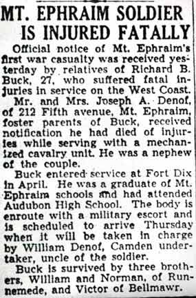 Camden Courier-Post clipping: Mt. Ephraim Soldier Is Injured Fatally, August 18, 1942