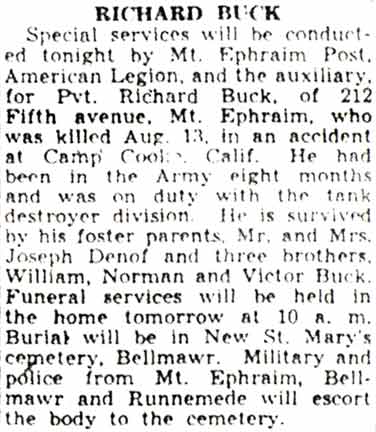 Camden Courier-Post obituary for Richard Buck, August 18, 1942