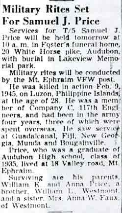 Camden Courier-Post: Military Rites Set For Samuel J. Price
