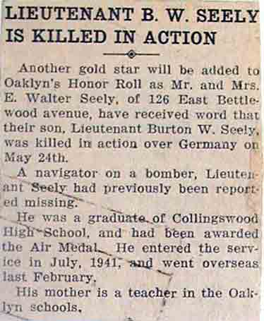 Newspaper article: Lieutenant B.W. Seely Is Killed In Action