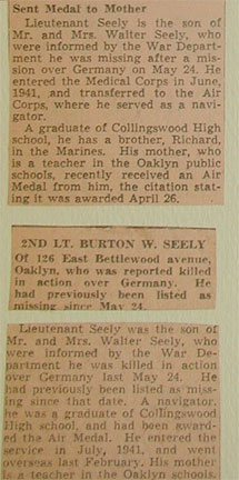 Two newspaper clippings about 2nd Lt. Burton W. Seely