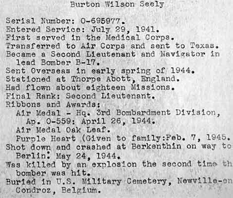 Official service record of Burton Wilson Seely
