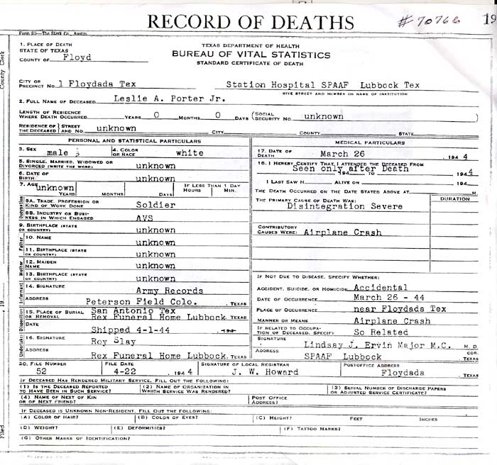 Texas Bureau of Vital Statistics, Record of Deaths: Leslie A. Porter Jr.
