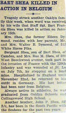 Newspaper article: Bart Shea Killed In Action In Belgium