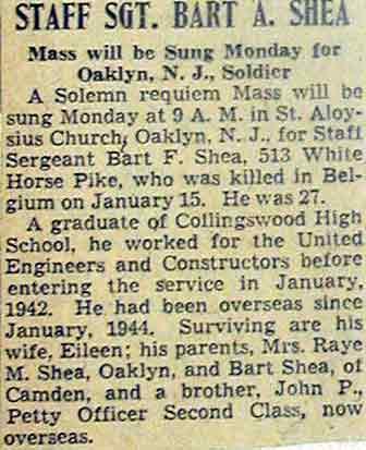 Newspaper article: Staff Sgt. Bart A. Shea — Mass will be Sung Monday