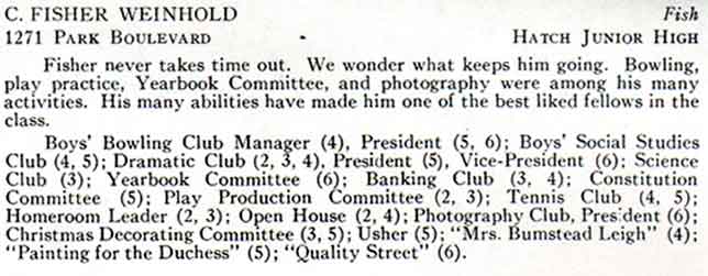 1938 Woodrow Wilson High School yearbook page featuring Christian Fisher Weinhold