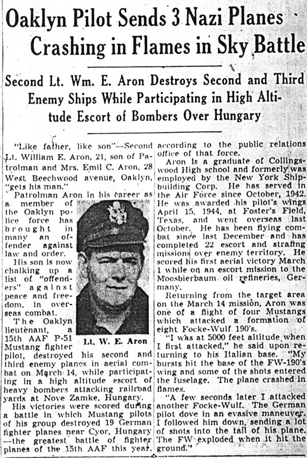 Newspaper: Oaklyn Pilot Sends 3 Nazi Planes Crashing in Flames in Sky Battle
