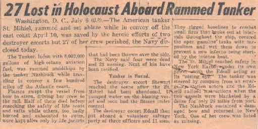 27 Lost in Holocaust Aboard Rammed Tanker