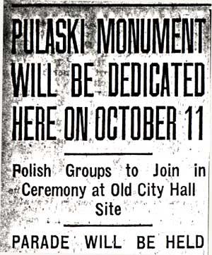 Pulaski Monument Will Be Dedicated Here on October 11