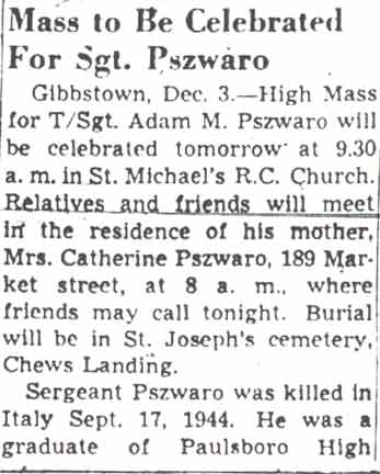 Camden Courier-Post, December 3, 1948 — Mass to Be Celebrated For Sgt. Pszwaro (part 1)