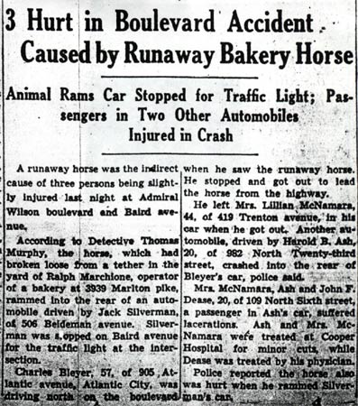 Camden Courier-Post, May 27, 1942 — Runaway bakery horse from Marchione's bakery causes accident