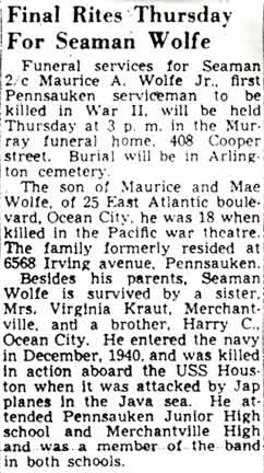 Camden Courier-Post, November 29, 1949 — Final Rites Thursday For Seaman Wolfe