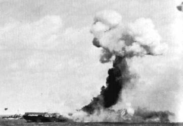 USS TICONDEROGA CV-14 after kamikaze attack, January 21, 1945