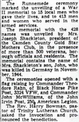 Runnemede War Memorial dedication article, October 27, 1947