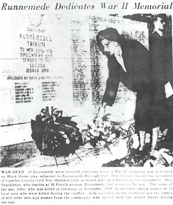 Runnemede Dedicates War II Memorial — Camden Courier-Post, October 27, 1947