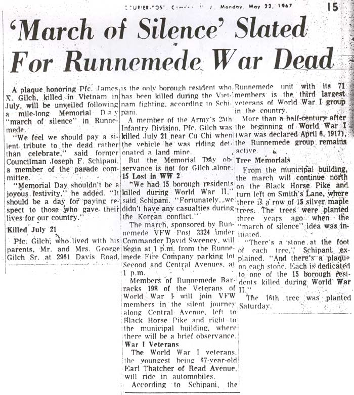 'March of Silence' Slated For Runnemede War Dead — Camden Courier-Post, May 22, 1967