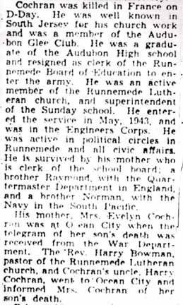 Death notice for James A. Cochran Jr., Camden Courier-Post, June 24, 1944