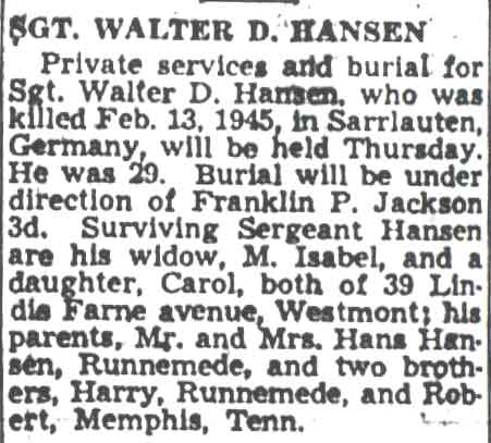 Obituary for Sgt. Walter D. Hansen, Camden Courier-Post, December 14, 1948