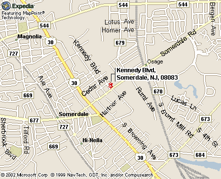 Map showing location of Raws-Tait VFW Post #7334, Kennedy Boulevard and Somerdale Road, Somerdale