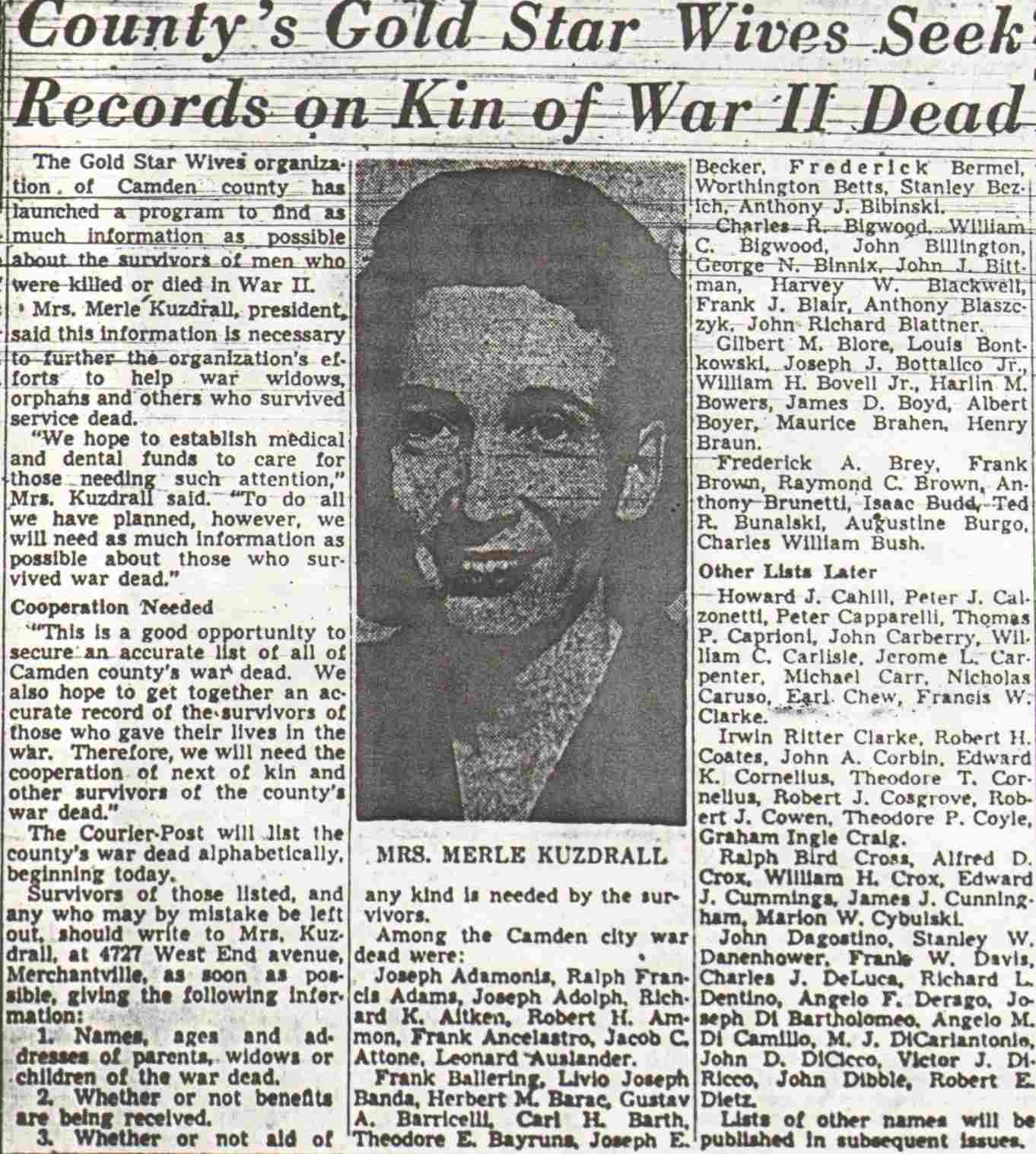 County's Gold Star Wives Seek Records on Kin of War II Dead, Camden Courier-Post, April 26, 1948