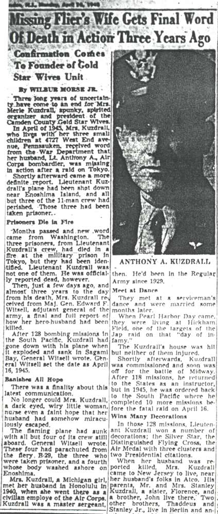Flier's Wife Gets Final Word of Death in Action Three Years Ago, Camden Courier-Post, April 26, 1948, page 1