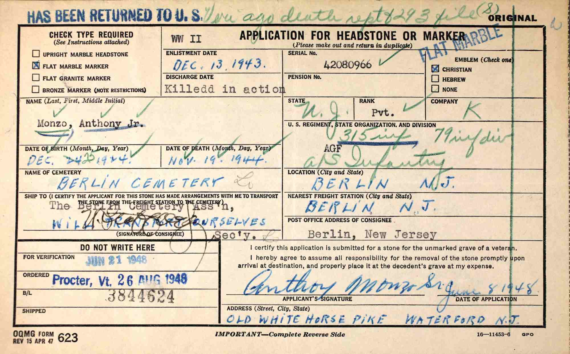 Interment record for Anthony Monzo Jr.