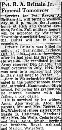 Pvt. R. A. Brittain Jr. Funeral Tomorrow, Camden Courier-Post, May 17, 1948