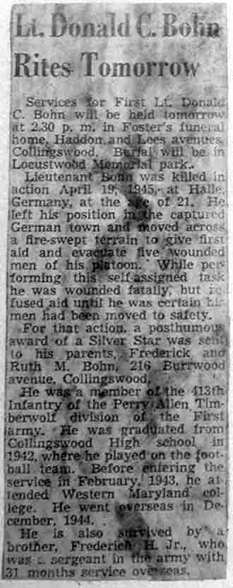 Camden Courier-Post, December 21, 1948 — Lt. Donald C. Bohn Rites Tomorrow