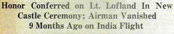 Newspaper headline — Honor Conferred on Lt. Lofland In New Castle Ceremony