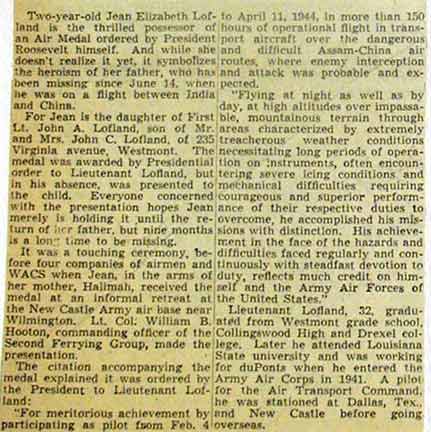 Newspaper article — Honor Conferred on Lt. Lofland In New Castle Ceremony