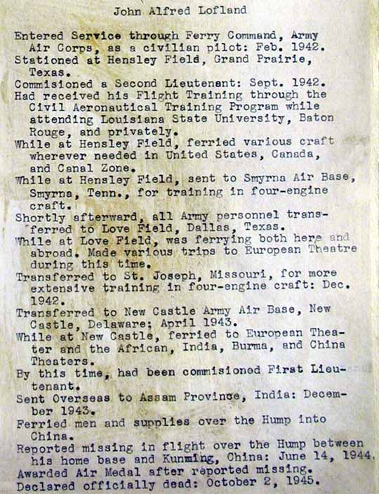 Service biography of John Alfred Lofland